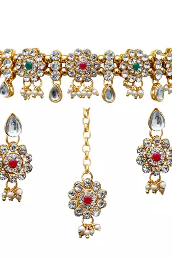 Maroon, green, and white agate stone necklace set with earrings and maang tikka (gold plated)