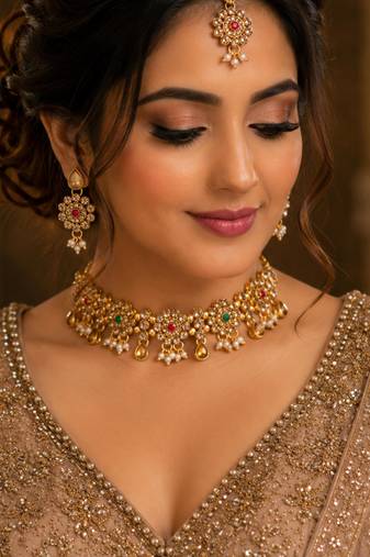 Maroon, green, and lct agate stone necklace set with earrings and maang tikka (gold plated)
