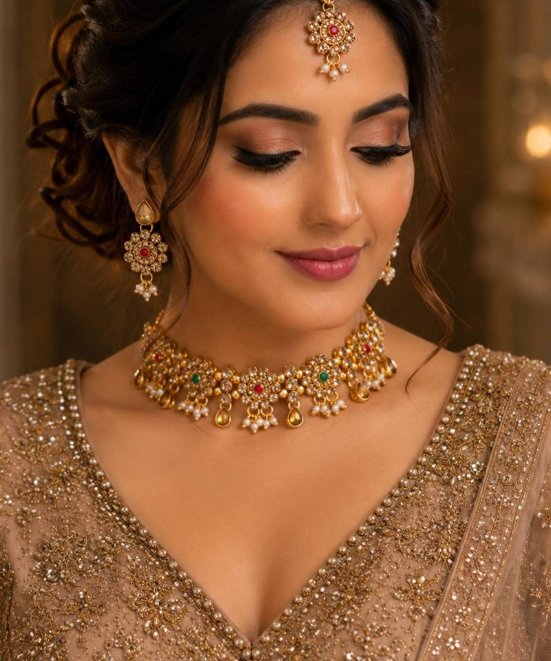 Maroon, green, and lct agate stone necklace set with earrings and maang tikka (gold plated)