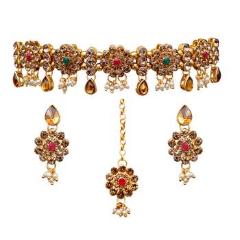 Maroon, green, and lct agate stone necklace set with earrings and maang tikka (gold plated) 2
