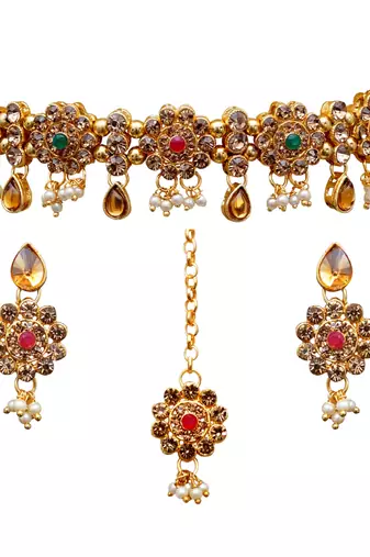 Maroon, green, and lct agate stone necklace set with earrings and maang tikka (gold plated)