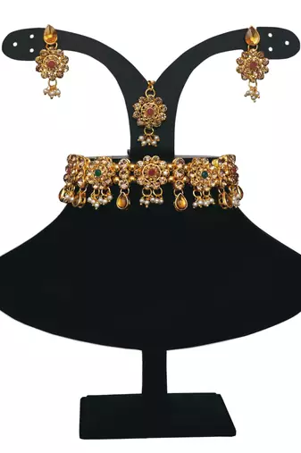 Maroon, green, and lct agate stone necklace set with earrings and maang tikka (gold plated)
