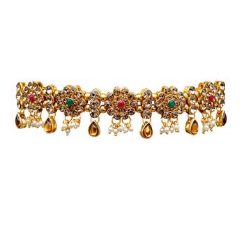 Maroon, green, and lct agate stone necklace set with earrings and maang tikka (gold plated) 4