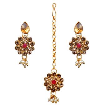 Maroon, green, and lct agate stone necklace set with earrings and maang tikka (gold plated) 5