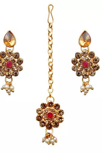 Maroon, green, and lct agate stone necklace set with earrings and maang tikka (gold plated)