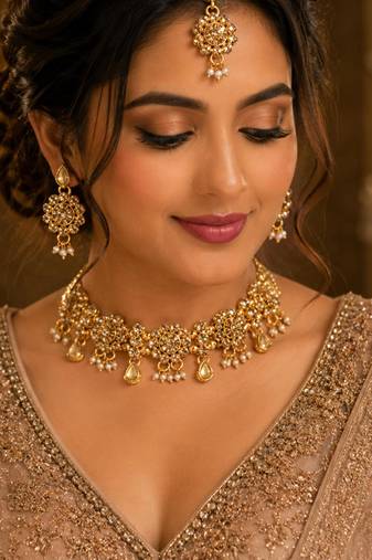 Lct agate stone necklace set with earrings and maang tikka (gold plated)