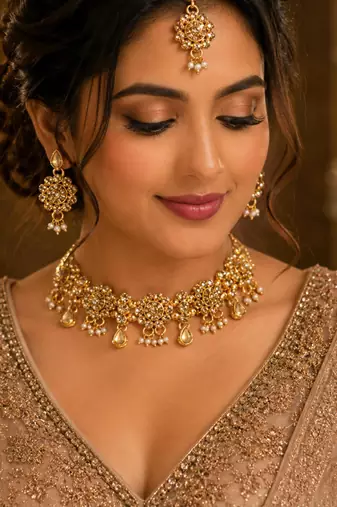 Lct agate stone necklace set with earrings and maang tikka (gold plated)