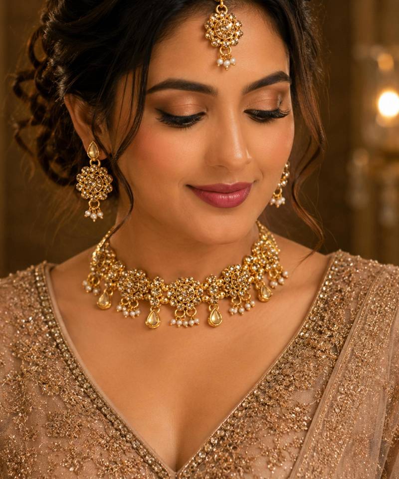 Lct agate stone necklace set with earrings and maang tikka (gold plated)