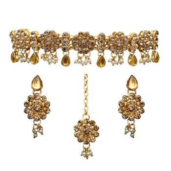 Lct agate stone necklace set with earrings and maang tikka (gold plated) 2