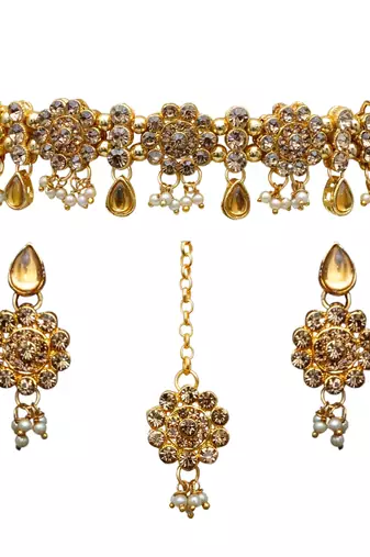 Lct agate stone necklace set with earrings and maang tikka (gold plated)
