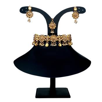 Lct agate stone necklace set with earrings and maang tikka (gold plated) 3