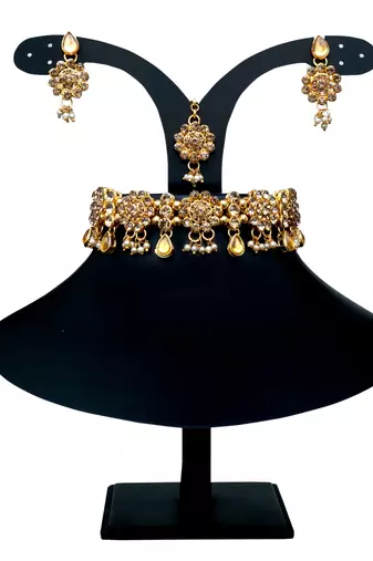Lct agate stone necklace set with earrings and maang tikka (gold plated)