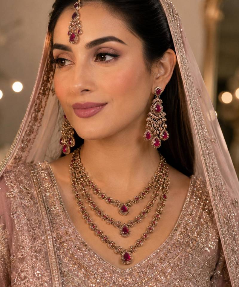 Maroon color necklace set with earrings and maang tikka – agate stone, antique gold plating