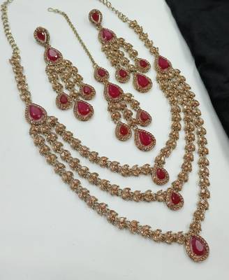 Maroon color necklace set with earrings and maang tikka     agate stone, antique gold plating 2