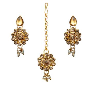 Lct agate stone necklace set with earrings and maang tikka (gold plated) 5