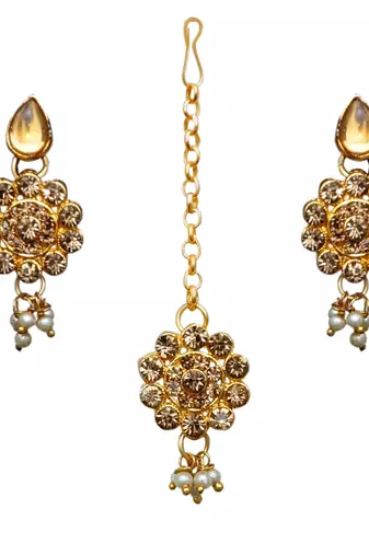 Lct agate stone necklace set with earrings and maang tikka (gold plated)