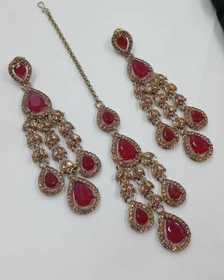 Maroon color necklace set with earrings and maang tikka     agate stone, antique gold plating 4