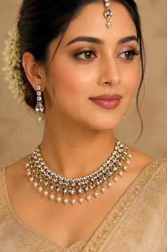 White agate stone necklace set with earrings and maang tikka (gold plated)