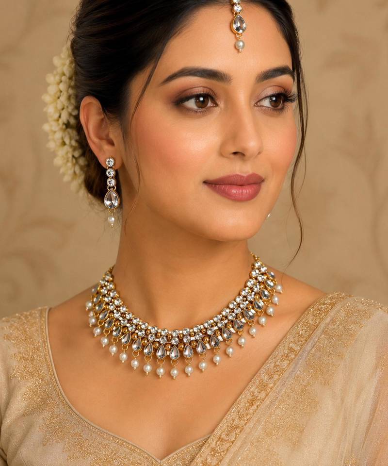 White agate stone necklace set with earrings and maang tikka (gold plated)