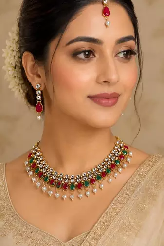 Maroon, green, and white agate stone necklace set with earrings and maang tikka (gold plated)