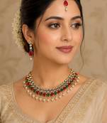 Maroon, green, and white agate stone necklace set with earrings and maang tikka (gold plated)