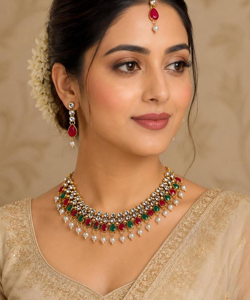 Maroon, green, and white agate stone necklace set with earrings and maang tikka (gold plated)