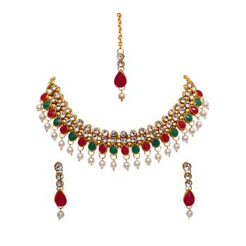 Maroon, green, and white agate stone necklace set with earrings and maang tikka (gold plated) 2