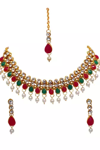 Maroon, green, and white agate stone necklace set with earrings and maang tikka (gold plated)