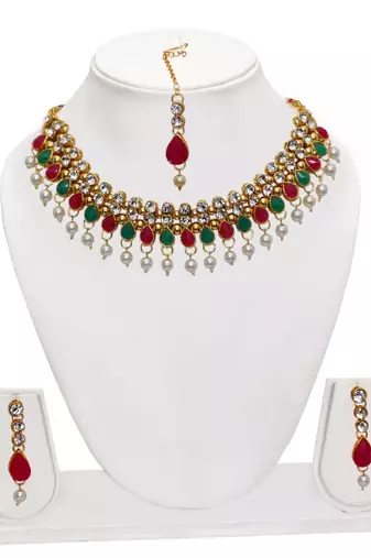 Maroon, green, and white agate stone necklace set with earrings and maang tikka (gold plated)