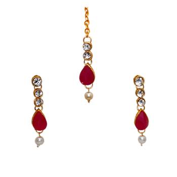 Maroon, green, and white agate stone necklace set with earrings and maang tikka (gold plated) 4