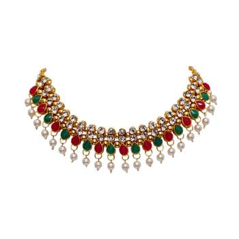 Maroon, green, and white agate stone necklace set with earrings and maang tikka (gold plated) 5