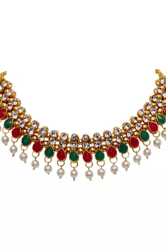Maroon, green, and white agate stone necklace set with earrings and maang tikka (gold plated)
