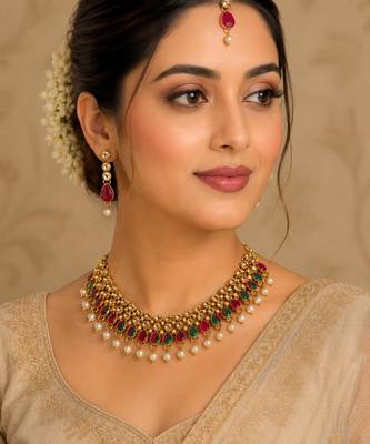 Maroon, green, and lct agate stone necklace set with earrings and maang tikka (gold plated) 1