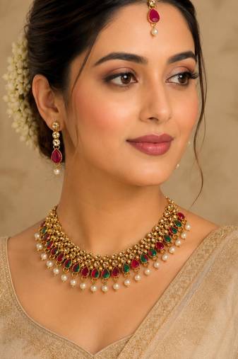 Maroon, green, and lct agate stone necklace set with earrings and maang tikka (gold plated)