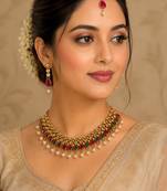 Maroon, green, and lct agate stone necklace set with earrings and maang tikka (gold plated)
