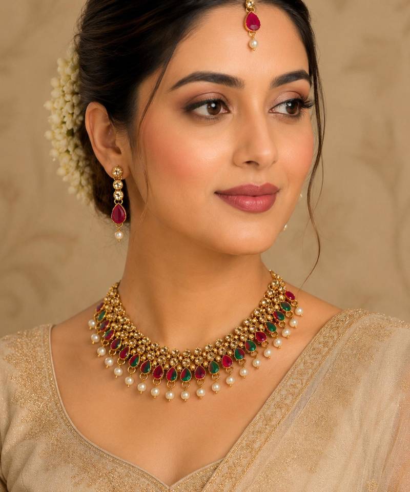 Maroon, green, and lct agate stone necklace set with earrings and maang tikka (gold plated)
