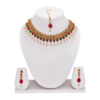 Maroon, green, and lct agate stone necklace set with earrings and maang tikka (gold plated) 2