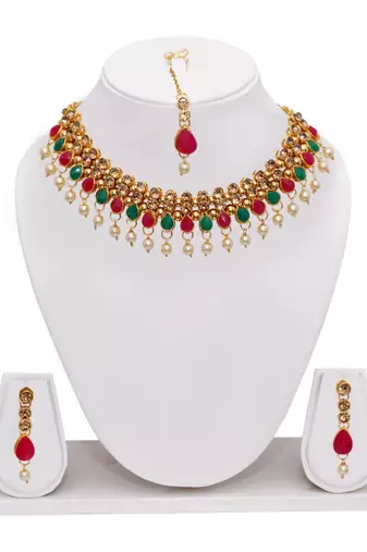 Maroon, green, and lct agate stone necklace set with earrings and maang tikka (gold plated)