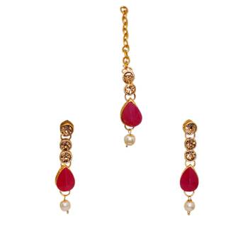 Maroon, green, and lct agate stone necklace set with earrings and maang tikka (gold plated) 3