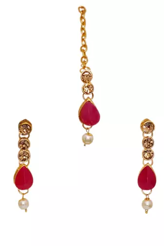 Maroon, green, and lct agate stone necklace set with earrings and maang tikka (gold plated)