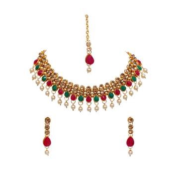Maroon, green, and lct agate stone necklace set with earrings and maang tikka (gold plated) 4