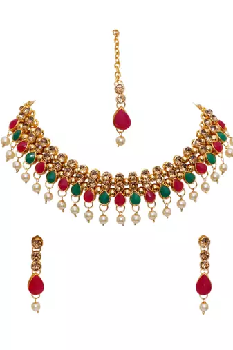Maroon, green, and lct agate stone necklace set with earrings and maang tikka (gold plated)