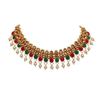 Maroon, green, and lct agate stone necklace set with earrings and maang tikka (gold plated) 5