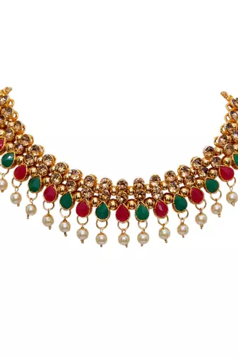 Maroon, green, and lct agate stone necklace set with earrings and maang tikka (gold plated)