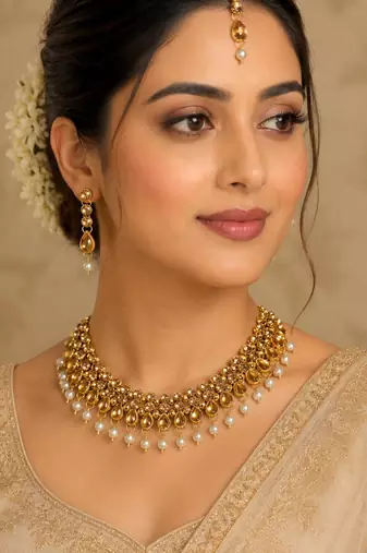 Lct agate stone necklace set with earrings and maang tikka (gold plated)