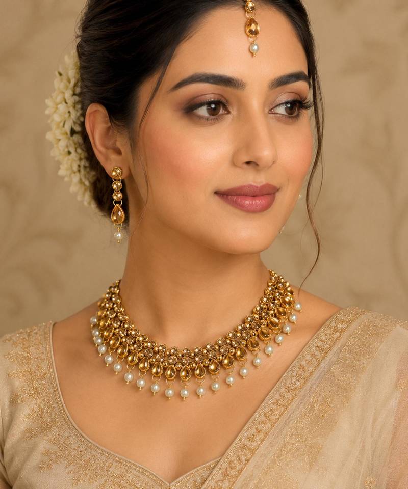 Lct agate stone necklace set with earrings and maang tikka (gold plated)