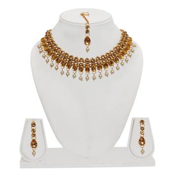 Lct agate stone necklace set with earrings and maang tikka (gold plated) 2