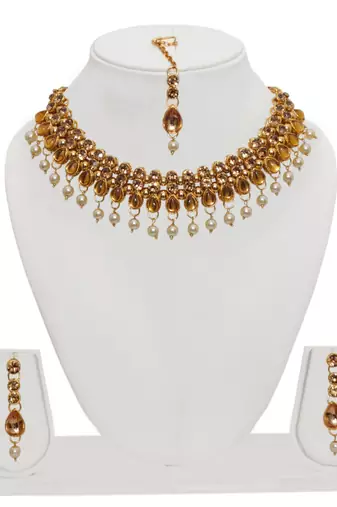 Lct agate stone necklace set with earrings and maang tikka (gold plated)