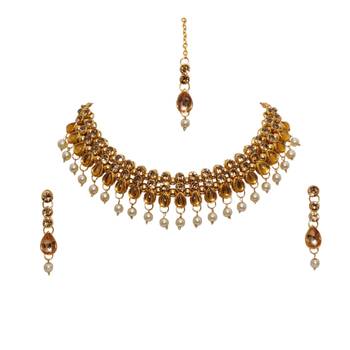 Lct agate stone necklace set with earrings and maang tikka (gold plated) 4