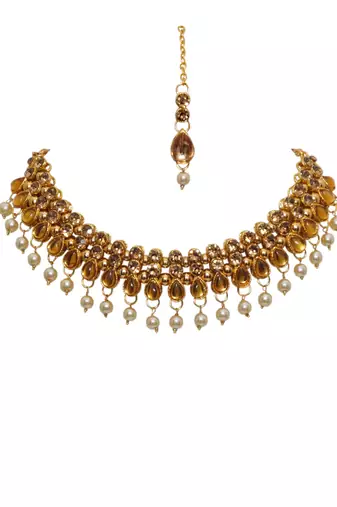 Lct agate stone necklace set with earrings and maang tikka (gold plated)